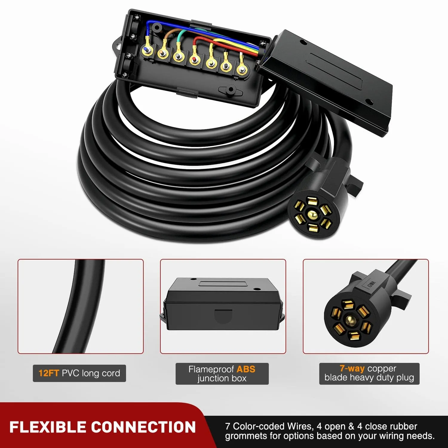 12 Feet Heavy Duty 7 Way Inline Trailer Plug with 7 Gang Junction Box