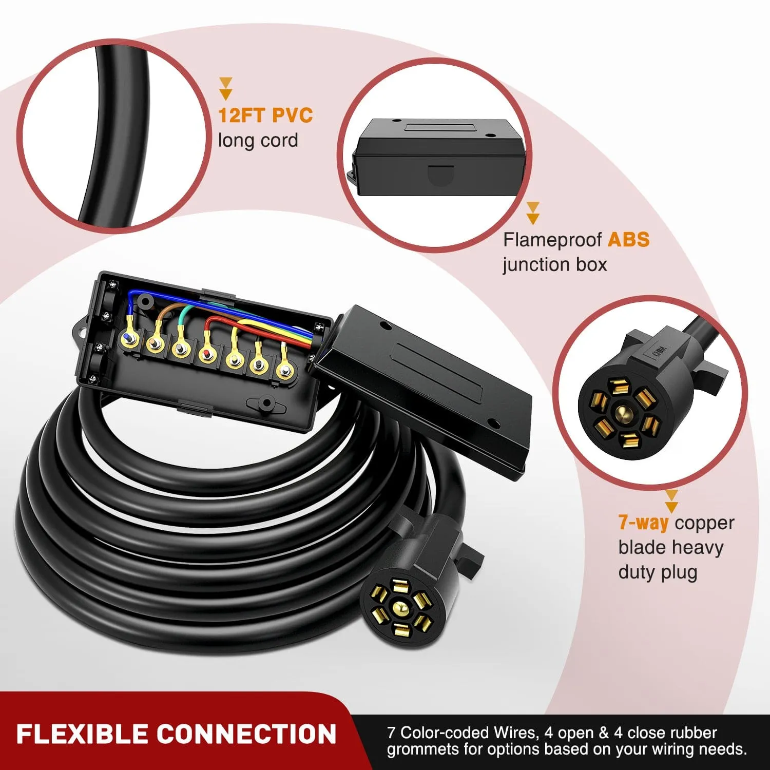 12 Feet Heavy Duty 7 Way Inline Trailer Plug with 7 Gang Junction Box
