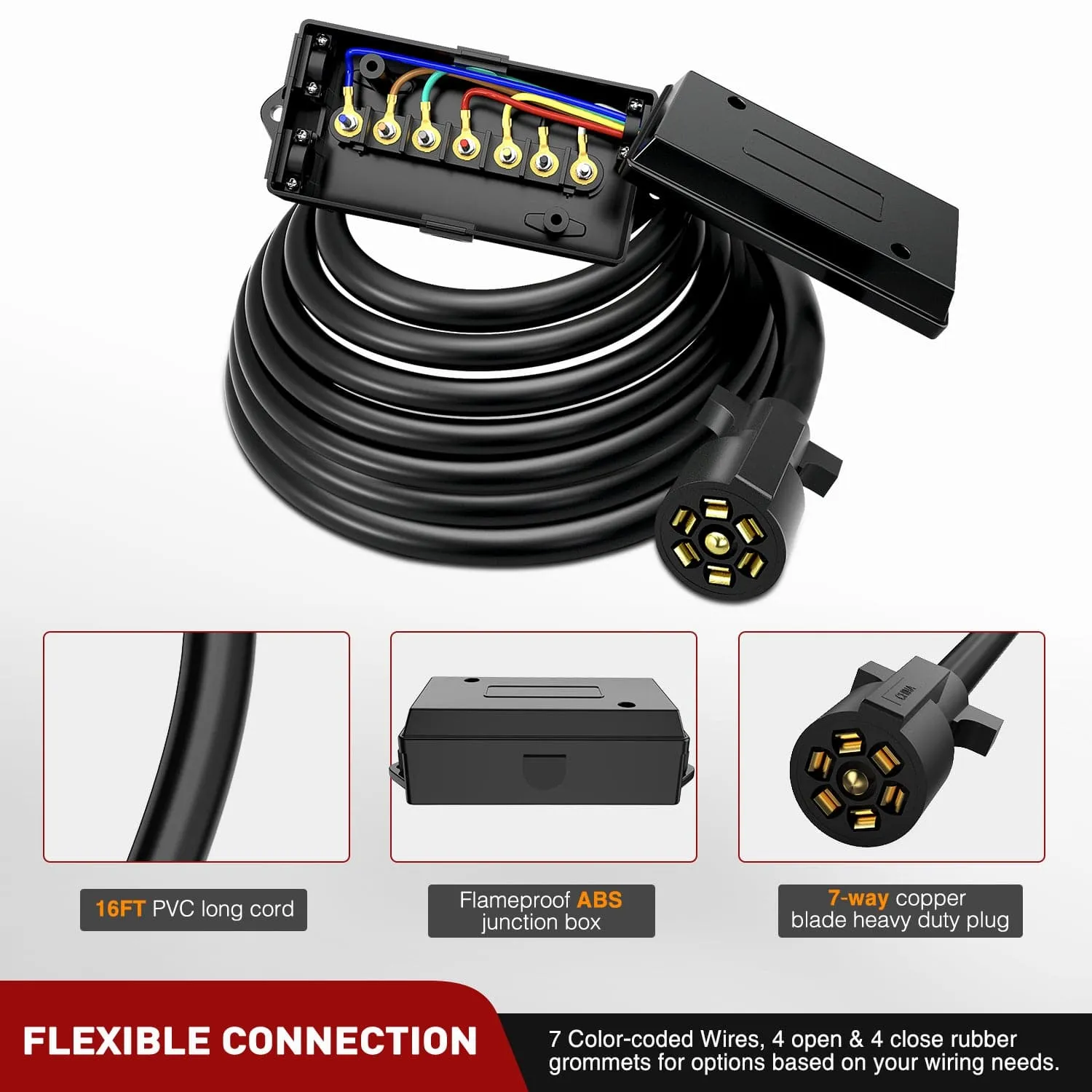 16 Feet Heavy Duty 7 Way Inline Trailer Plug with 7 Gang Junction Box