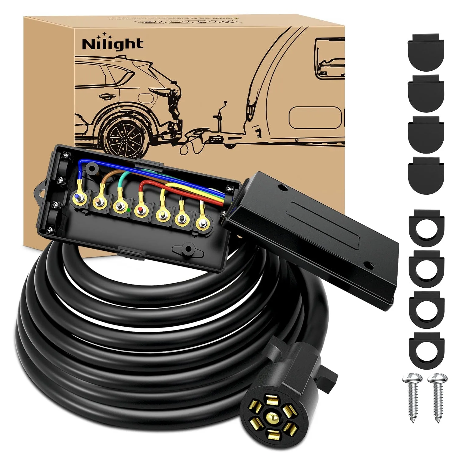 16 Feet Heavy Duty 7 Way Inline Trailer Plug with 7 Gang Junction Box