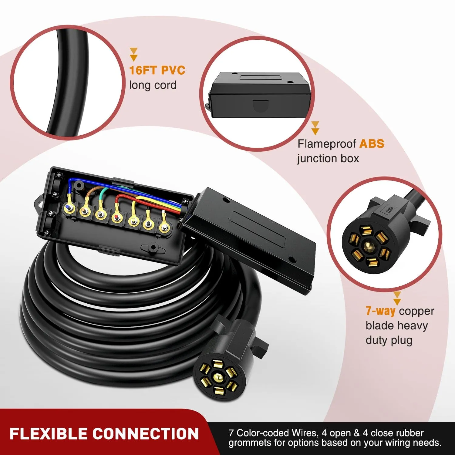 16 Feet Heavy Duty 7 Way Inline Trailer Plug with 7 Gang Junction Box