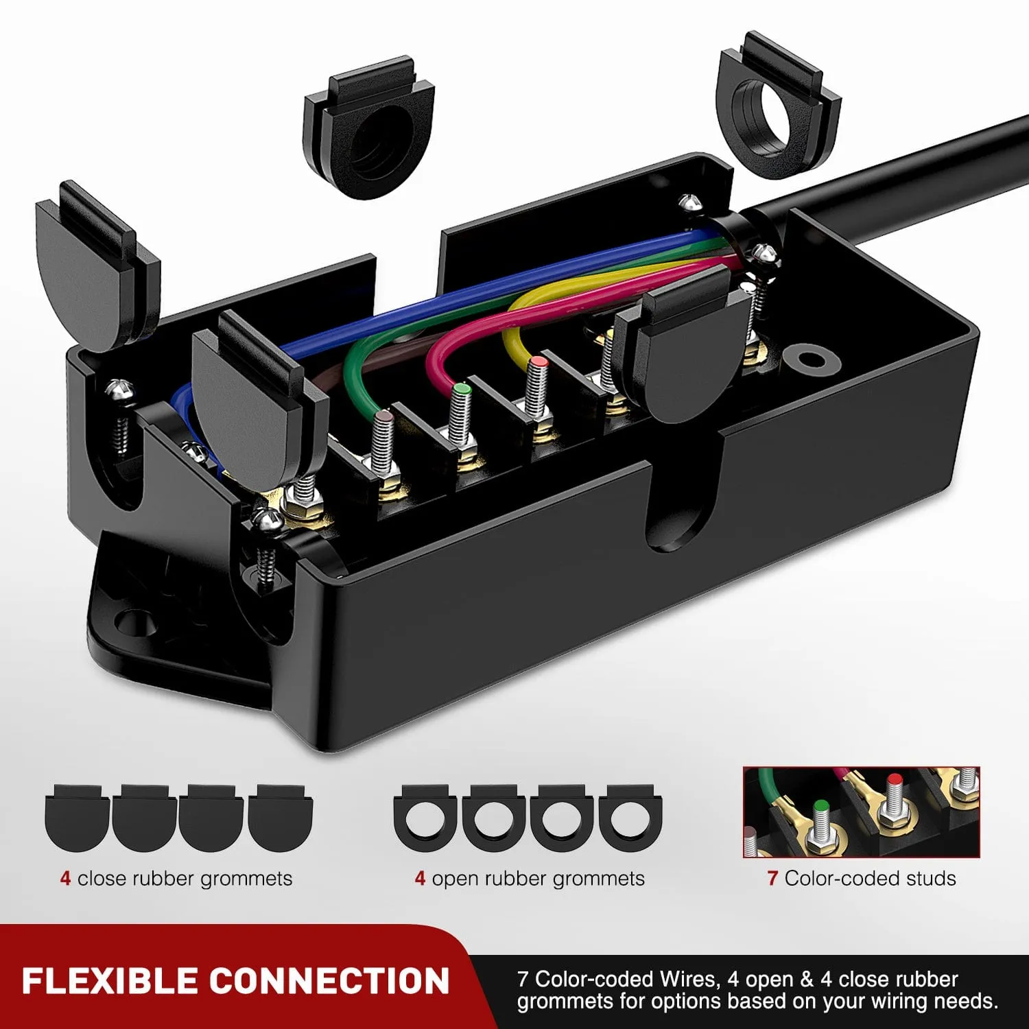 16 Feet Heavy Duty 7 Way Inline Trailer Plug with 7 Gang Junction Box